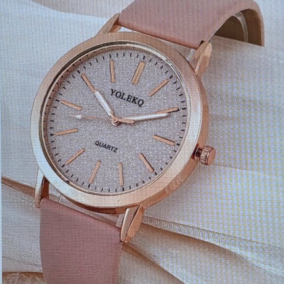 YOLEKQ Jewelry - Women’s Quartz Watch Rose Gold Tone Glitter Dial Leather Strap Elegant Gift